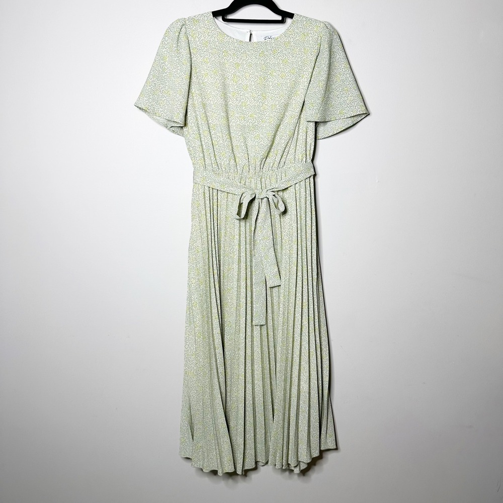 Polagram Never Ending Sage Floral Midi Dress Size Medium Green Yellow Pleated